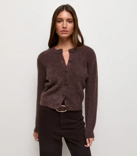 Women's Dark Brown Covered Button Crew Neck Cardigan