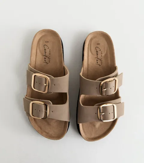 Women's Light Brown Cork Sole Double Strap Mule Sandals Vegan