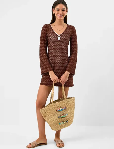 Accessorize Textured V-Neck Ring Front Mini Beach Dress Bronze