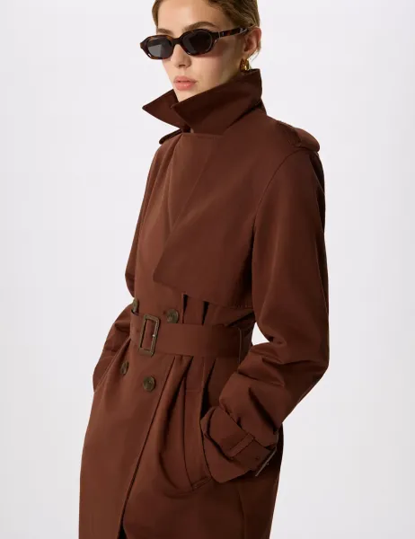 Whistles Cotton Rich Belted Collared Trench Coat Brown