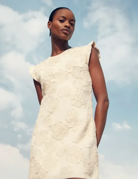 Marks & Spencer Floral Textured Knitted Mini Dress Cream