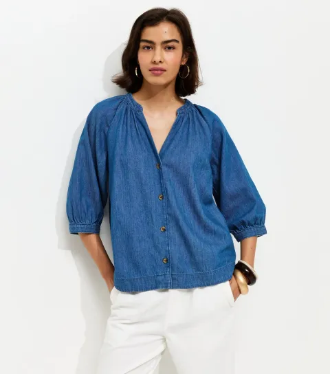 Women's Blue Denim Cropped Sleeve Shirt