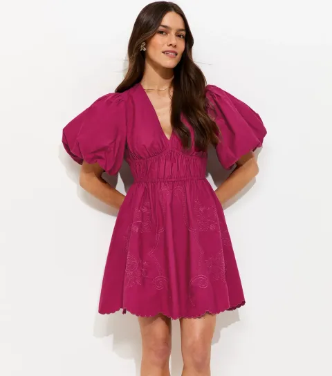 Women's Petite Light Burgundy Cutwork V-Neck Mini Dress