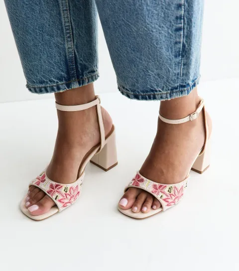 Women's Off White Beaded Floral Block Heel Sandals Vegan