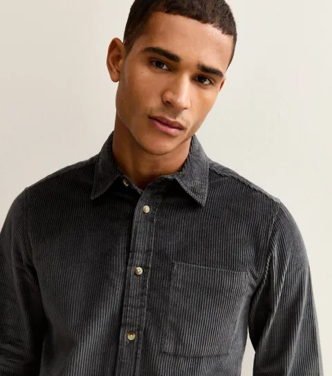 Men's Dark Grey Regular Long Sleeve Corduroy Shirt