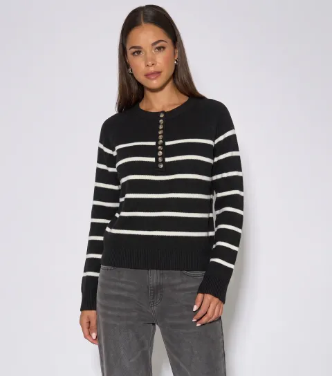 Gini London Women's Black Horizontal Stripe Buttoned Jumper