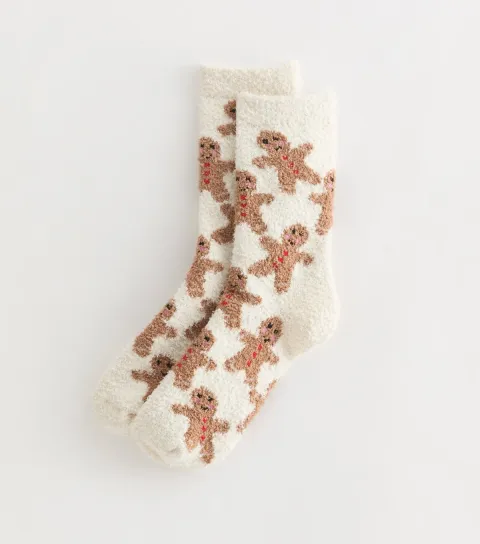 New Look Cream Fuzzy Knit Christmas Gingerbread Man Patterned Ankle Socks