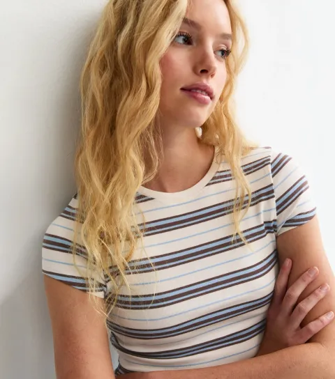 Women's Cream Striped Crop Top Baby Tee