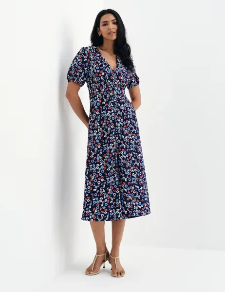 Finery London Floral Button Through Midi Waisted Dress Navy Mix