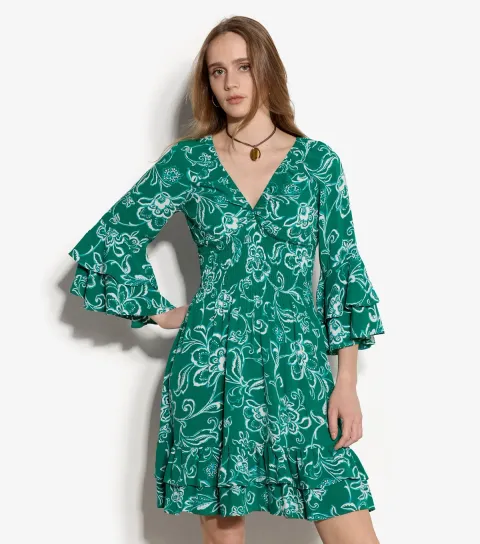 Women's Green Floral Print Smocked Ruffle Mini Dress