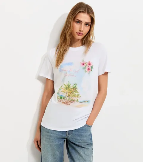 Women's White Cotton Palm Tree Print Relaxed T-Shirt