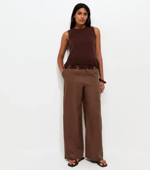 Women's Dark Brown Pure Linen Wide Leg Trousers