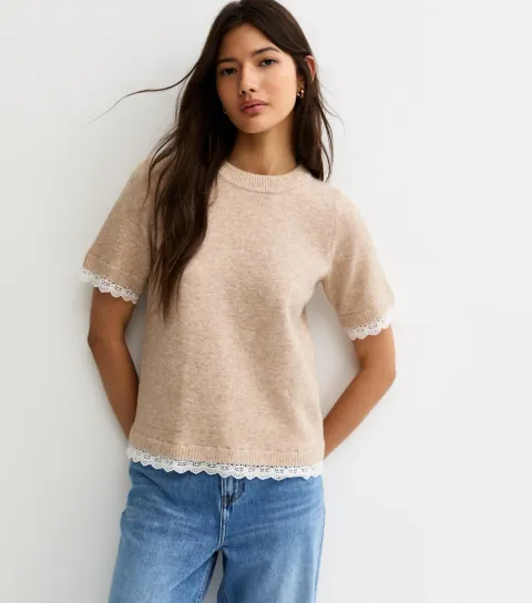 New Look Women's Oatmeal Lace Trim Knitted T-Shirt