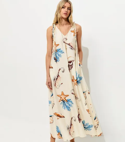 Women's Tall Cream Shell Print Beaded Smock Maxi Dress