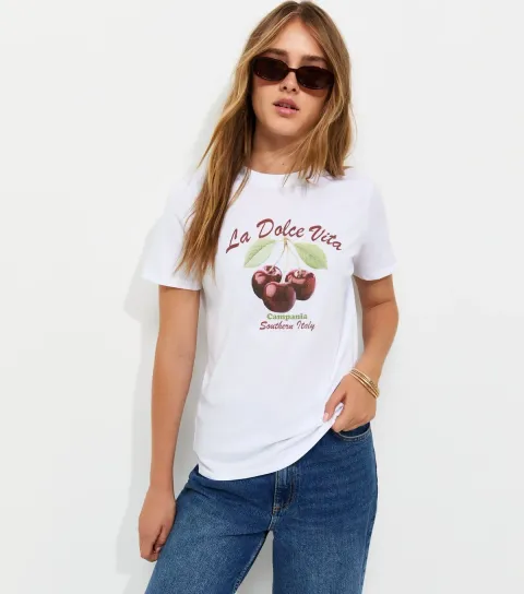 Women's White Cotton Cherry Print Crew Neck T-Shirt
