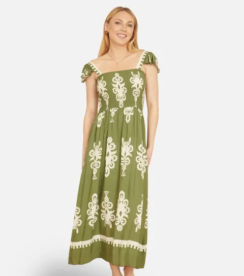 Women's Green Block Print Smocked Sun Dress