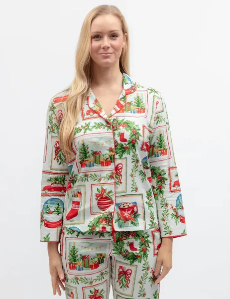 Cyberjammies Cotton Modal Family Christmas Postcard Pyjama Top Red Mix