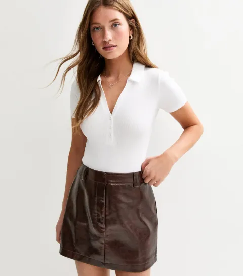 Women's Dark Brown Cracked Effect Faux Leather Mini Skirt