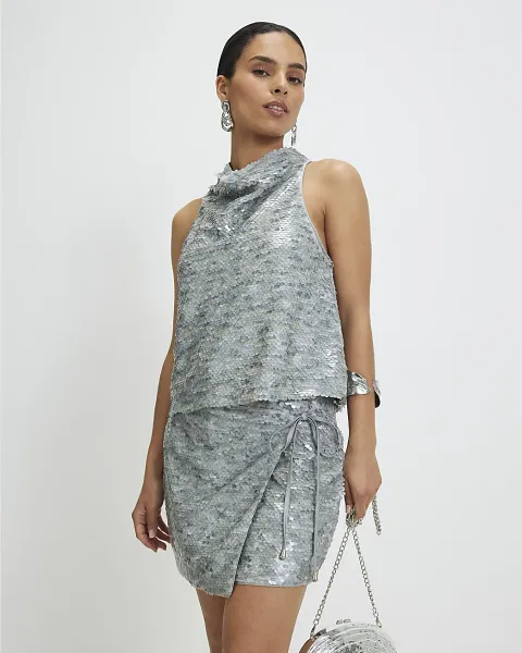 River Island Petite Sequin Cowl Halter Neck Top
