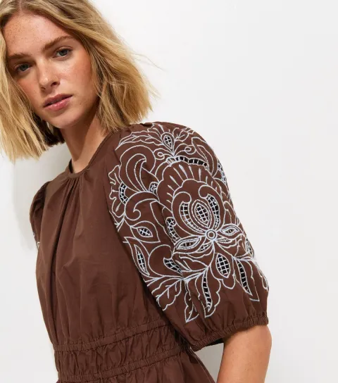 Women's Dark Brown Embroidered Puff Sleeve Blouse