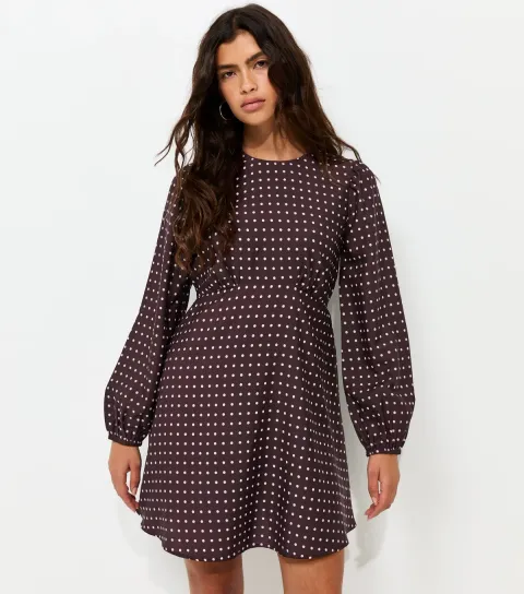 Women's Brown Polka Dot Long Sleeve Mini Dress