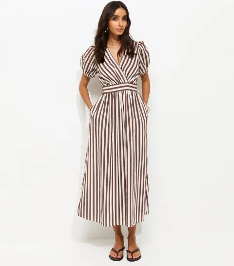 Women's Brown Striped Wrap Midi Dress