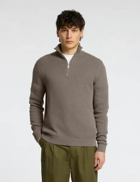 Selected Pure Cotton Textured Half Zip Jumper Taupe