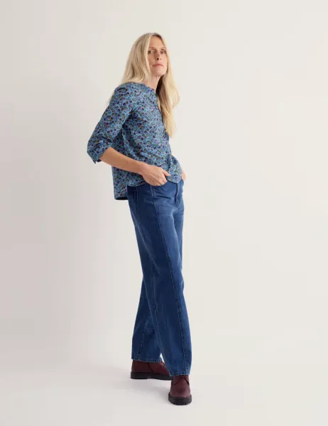 Seasalt Cornwall Jersey Ditsy Floral Notch Neck Top Blue Mix