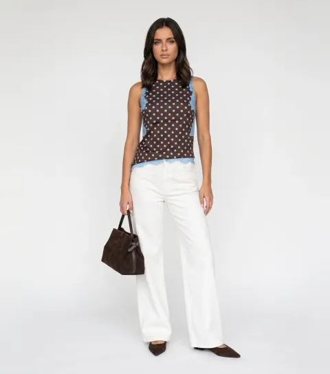 Women's Brown Polka Dot Lace Trim Sleeveless Top