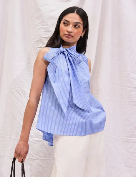 RO&ZO Cotton Rich Striped Tie Neck Bow Blouse Light Blue Mix