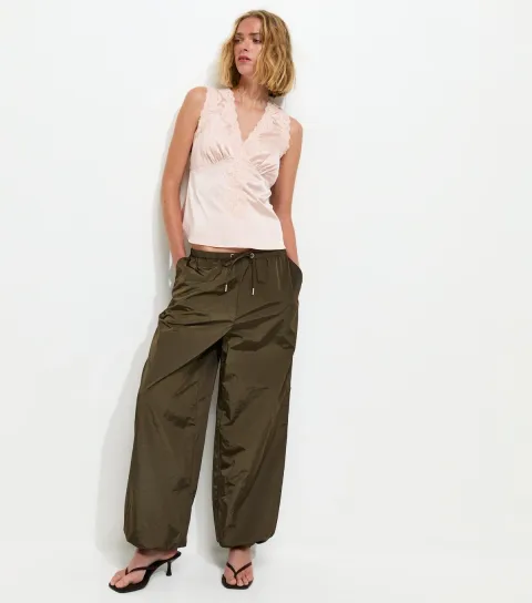 Women's Khaki Tapered Leg Shiny Parachute Trousers