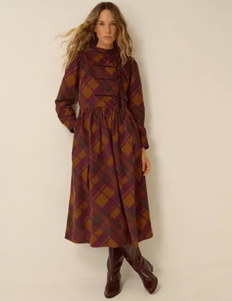 Monsoon Cord High Neck Tie Front Midi Dress Brown Mix