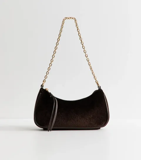 New Look Dark Brown Velvet Chain Link Shoulder Bag