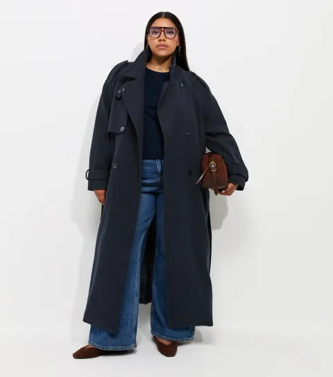 New Look Women's Plus Size Navy Double Breasted Funnel Neck Trench Coat Curves