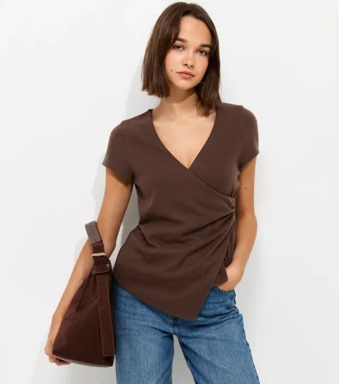 Women's Dark Brown Soft Touch Wrap Cap Sleeve Top