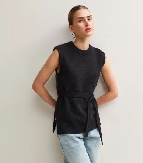 New Look Women's Black Knit Belted Tabard Top with Wool