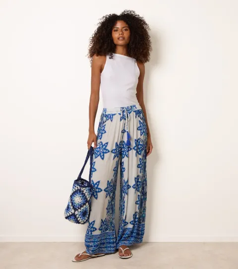 Women's Blue Wide Leg Printed Trousers