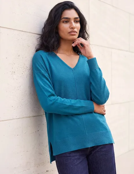 Roman V Neck Split Hem Jumper Teal