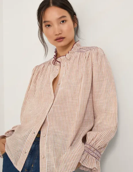Monsoon Pure Cotton Striped Frill Neck Shirt Camel