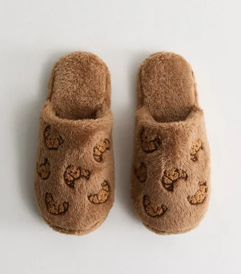 Women's Camel Faux Fur Fluffy Embroidered Croissant Slippers Vegan