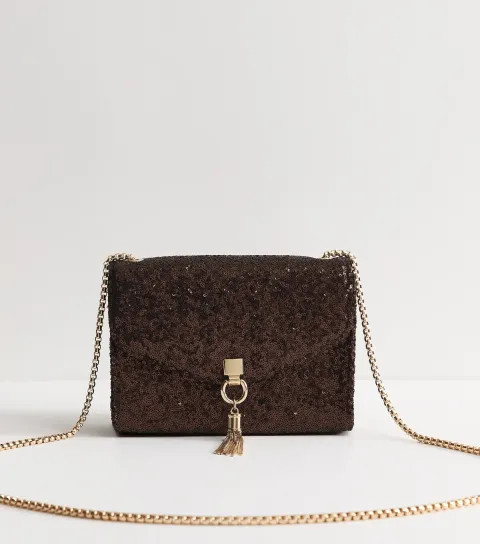 Dark Brown Micro Sequin Embellished Crossbody Bag