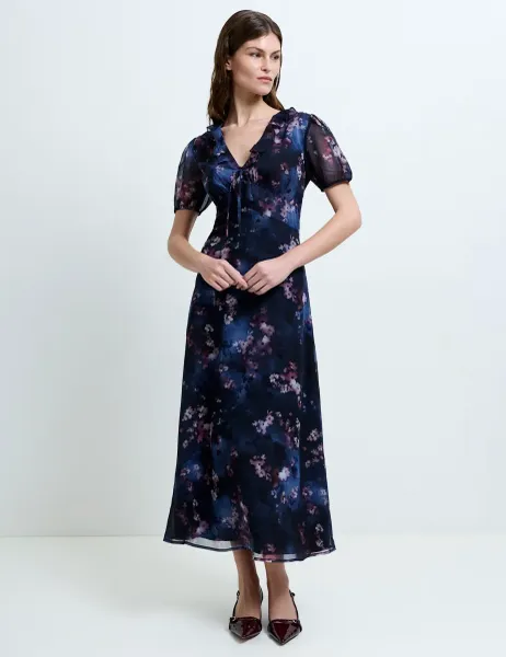 French Connection Floral V-Neck Midi Smock Dress Dark Navy Mix