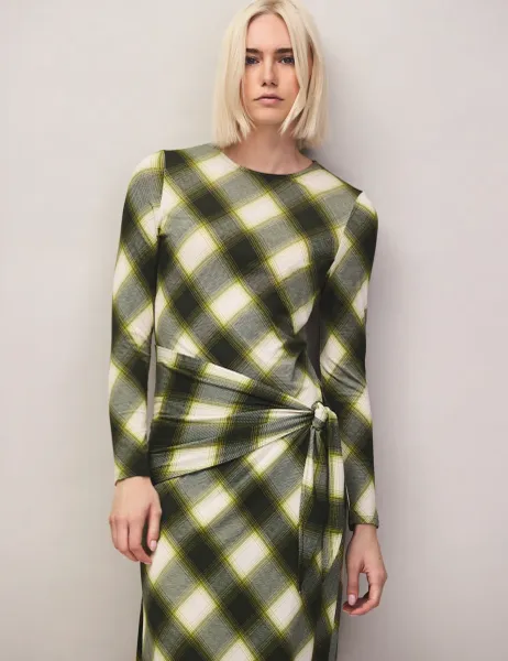 RO&ZO Checked Tie Wasit Midi Column Dress Dark Green Mix