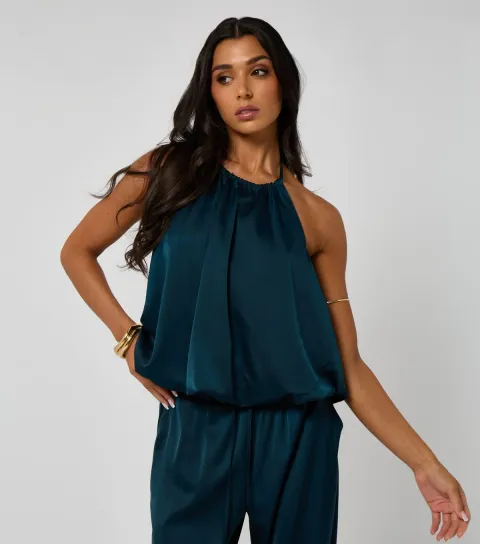 Women's Teal Satin Bubble Hem Top