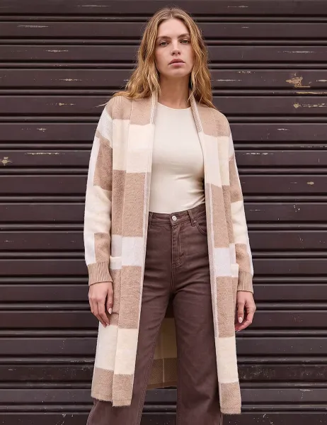 Roman Checked Longline Pocket Detail Cardigan Beige Mix