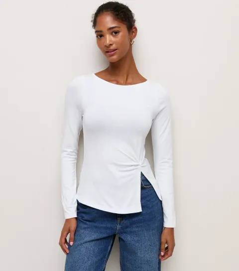 Women's White Cotton Rich Side Knot Long Sleeve Top