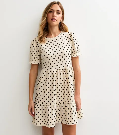 Women's Cream Crinkle Texture Spot Print Tiered Mini Dress
