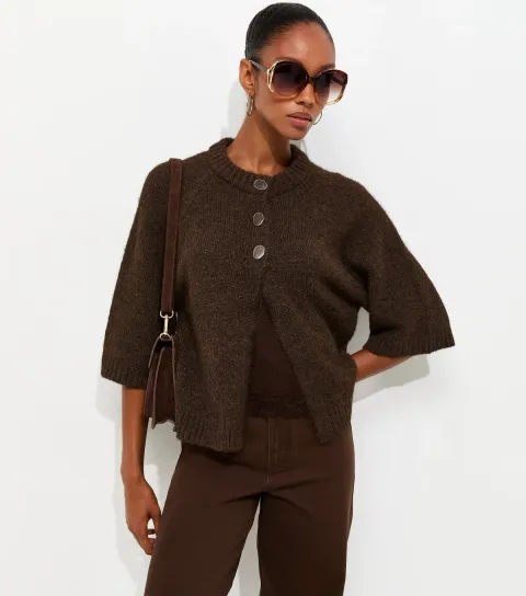 New Look Women's Dark Brown Knitted Short Sleeve Cape Cardigan