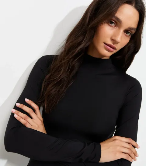 Women's Black Slinky Jersey High Neck Long Sleeve Top