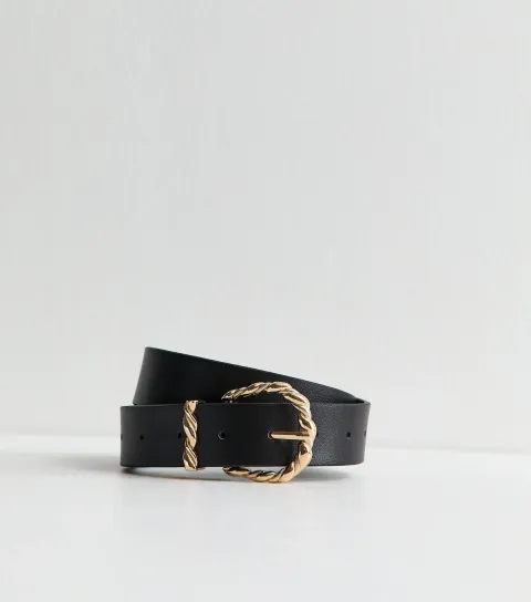 Black Faux Leather Twisted Buckle Belt